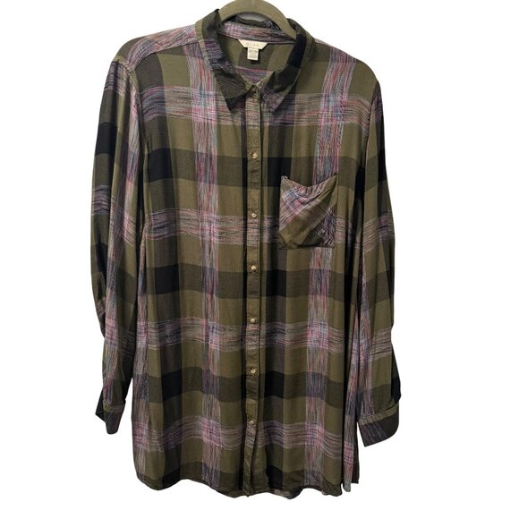 Cato Plaid Button Down Shirt Olive Green Pink Sz 18/20W - Picture 12 of 12